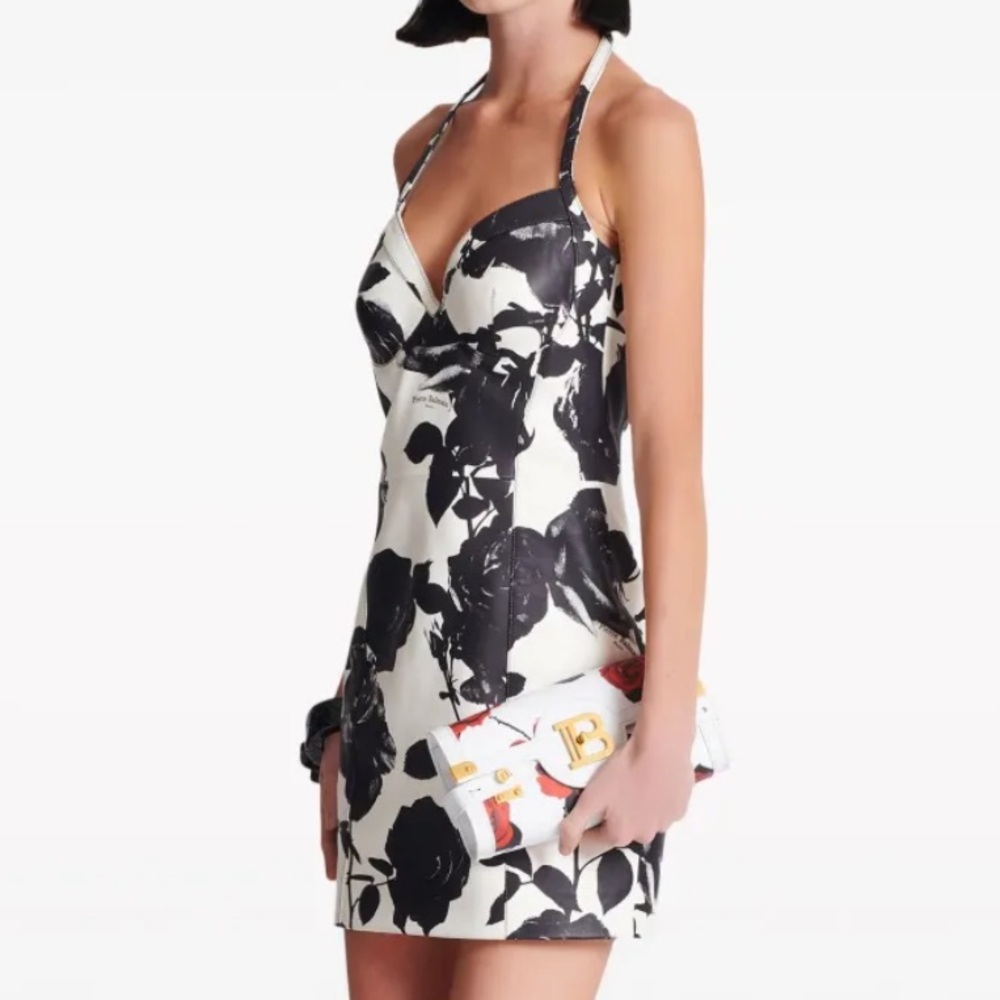 Balmain Black and White Floral Dress LEATHER push up